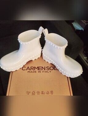 Carmen Sol Graziano Jelly Studded Glossy White Rain Ankle Boots
